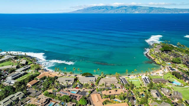 birds eye view of property with a water and mountain view