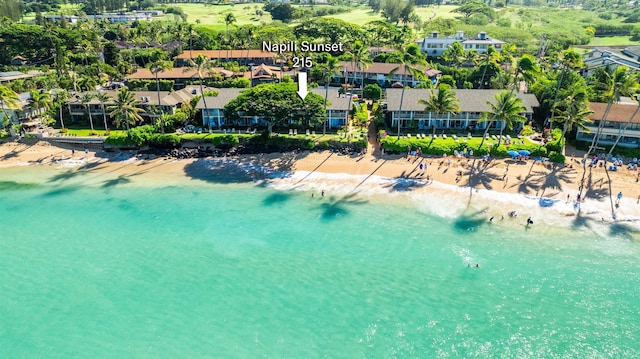 bird's eye view with a water view and a view of the beach