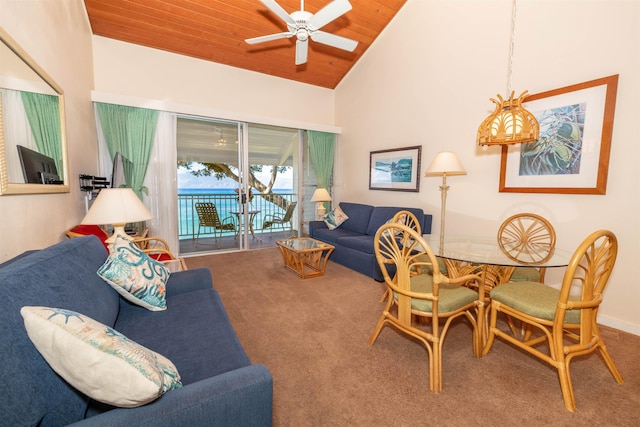 living room featuring carpet flooring, high vaulted ceiling, ceiling fan, and wood ceiling