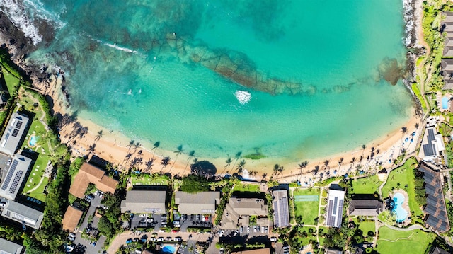 bird's eye view with a water view and a view of the beach