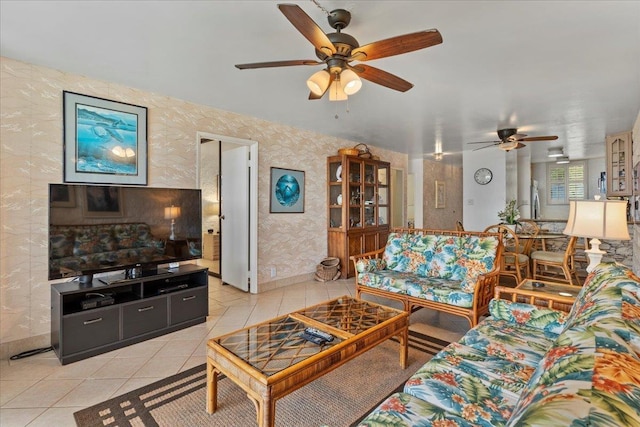 tiled living room featuring ceiling fan