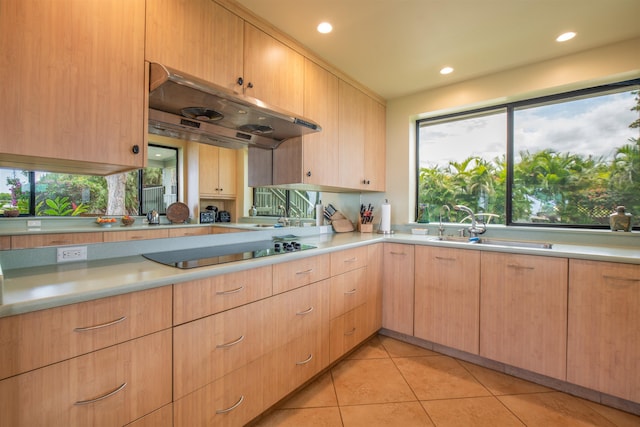 kitchen with light brown cabinets, under cabinet range hood, and black electric stovetop