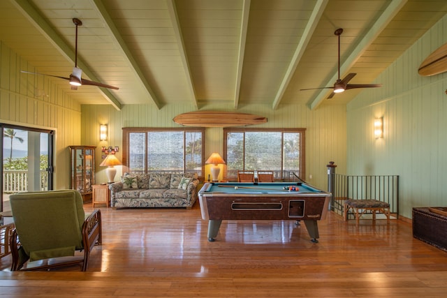 playroom featuring wood-type flooring, a ceiling fan, billiards, and a wealth of natural light