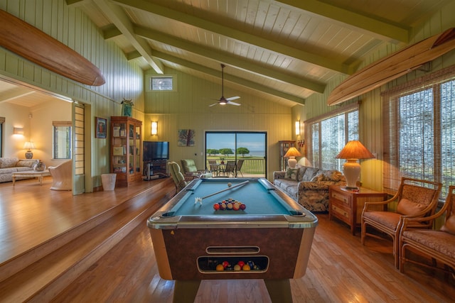 recreation room with billiards, a ceiling fan, wood finished floors, beamed ceiling, and wooden walls