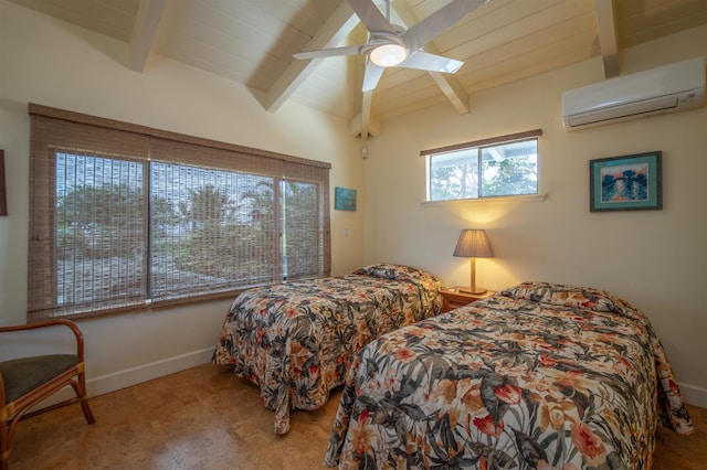 carpeted bedroom with baseboards, vaulted ceiling with beams, a ceiling fan, and a wall mounted air conditioner
