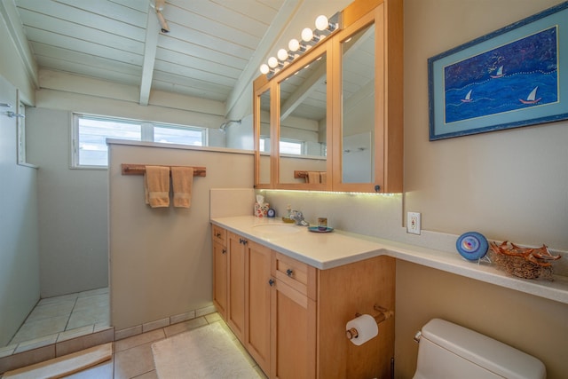 full bath featuring a walk in shower, wooden ceiling, beamed ceiling, vanity, and toilet