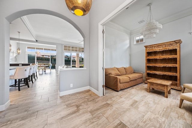 living room with crown molding