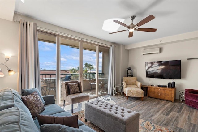 living room with ceiling fan, dark wood-type flooring, a wall unit AC, and french doors