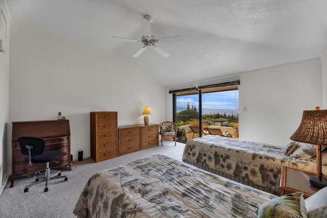 bedroom featuring lofted ceiling, ceiling fan, access to outside, and light colored carpet