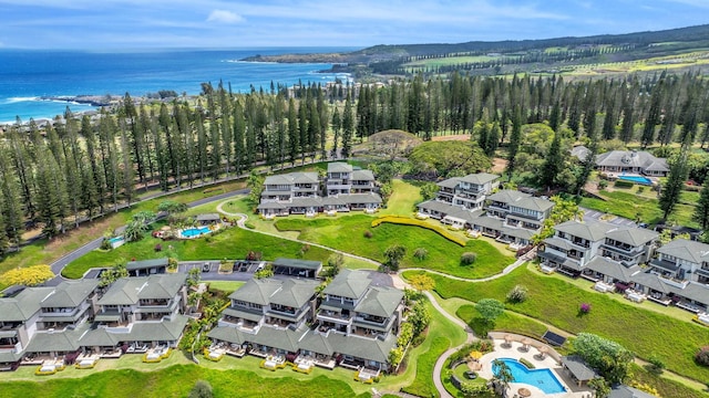 aerial view with a residential view and a water view