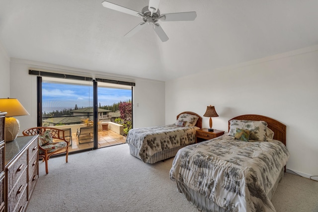 carpeted bedroom featuring ceiling fan, access to outside, and lofted ceiling