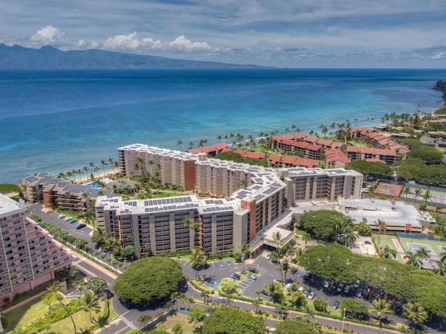 birds eye view of property with a water and mountain view