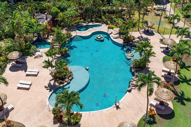 view of swimming pool with a patio