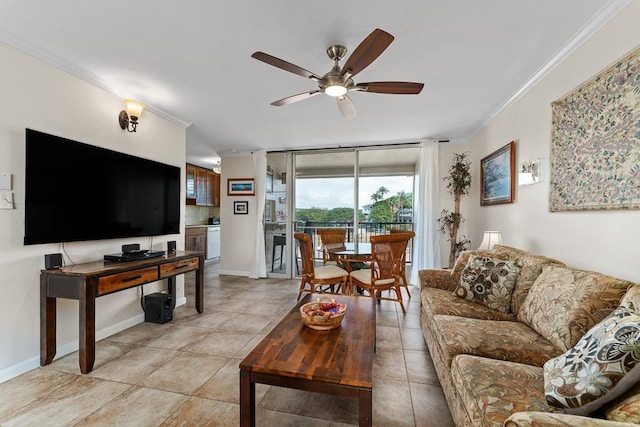 living room with baseboards, a ceiling fan, crown molding, and light tile patterned flooring