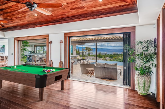 game room featuring hardwood / wood-style floors, ceiling fan, wooden ceiling, and pool table