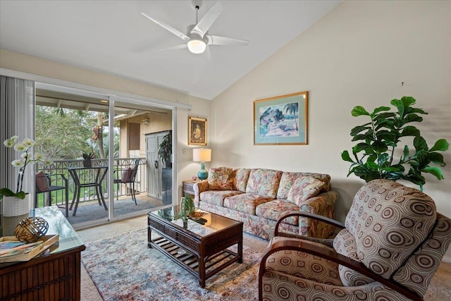 22 Kai Makani Loop Unit 201, Kihei, HI 96753 - carpeted living area with lofted ceiling and ceiling fan