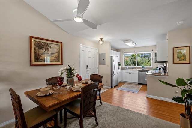 22 Kai Makani Loop Unit 201, Kihei, HI 96753 - dining room with electric panel, light wood finished floors, baseboards, and a ceiling fan