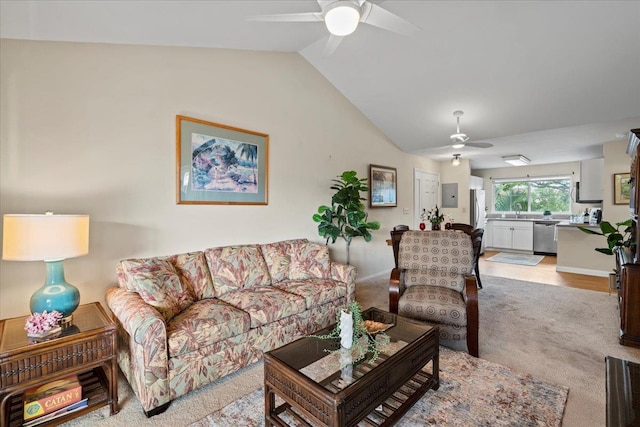 22 Kai Makani Loop Unit 201, Kihei, HI 96753 - living area with a ceiling fan, vaulted ceiling, and light carpet