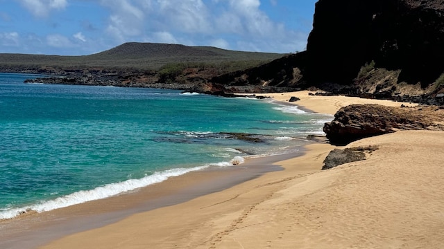 view of water feature with a beach view and a mountain view