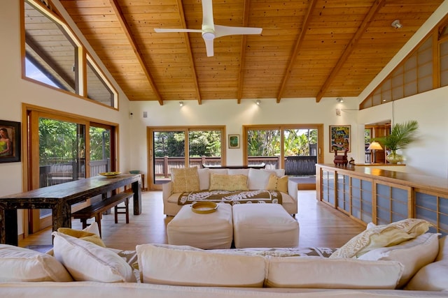 living room featuring high vaulted ceiling, a healthy amount of sunlight, and light hardwood / wood-style flooring