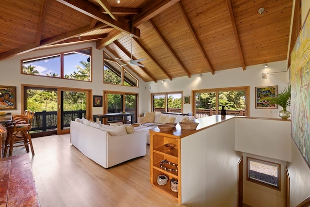 living room featuring beamed ceiling, high vaulted ceiling, ceiling fan, wood ceiling, and light hardwood / wood-style floors