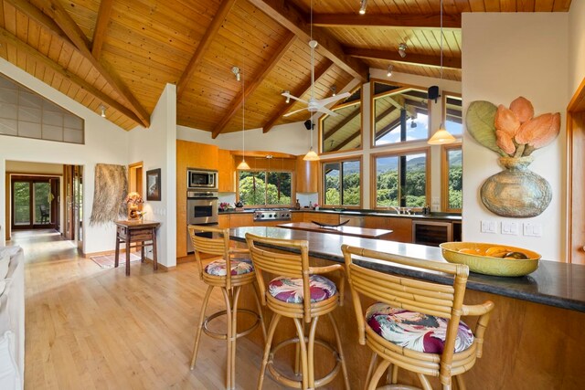 kitchen featuring stainless steel appliances, high vaulted ceiling, light wood-type flooring, and ceiling fan