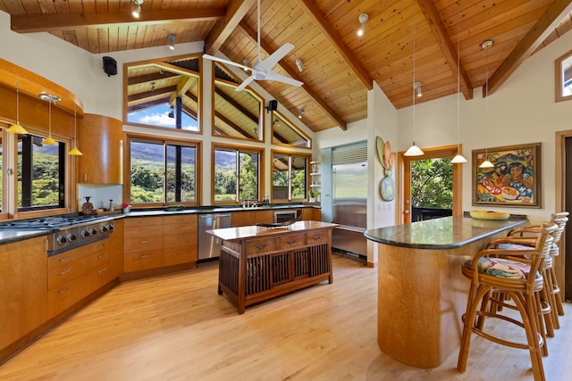 kitchen featuring a kitchen island, wood ceiling, stainless steel appliances, and light hardwood / wood-style flooring