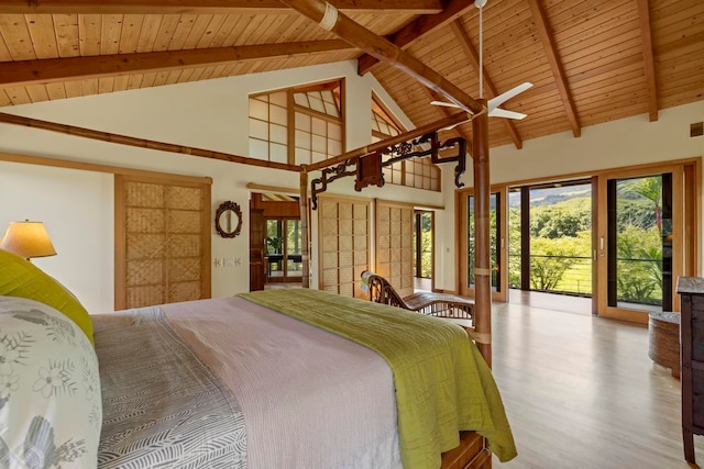 unfurnished bedroom with beam ceiling, light hardwood / wood-style floors, high vaulted ceiling, and wooden ceiling