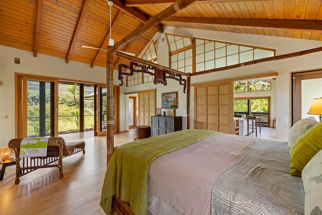 bedroom featuring wood ceiling, light wood-type flooring, high vaulted ceiling, and multiple windows