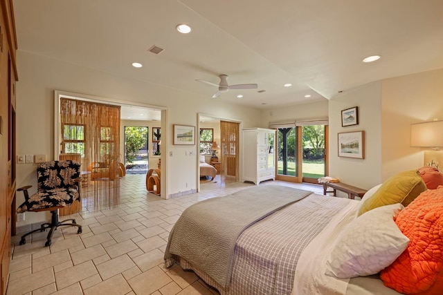 bedroom with ceiling fan and access to exterior