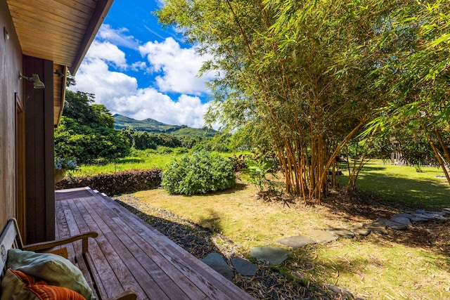 view of yard with a deck with mountain view