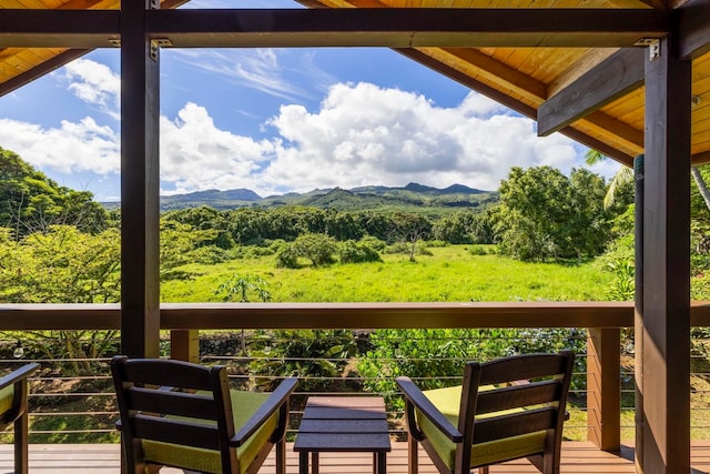 wooden terrace with a mountain view