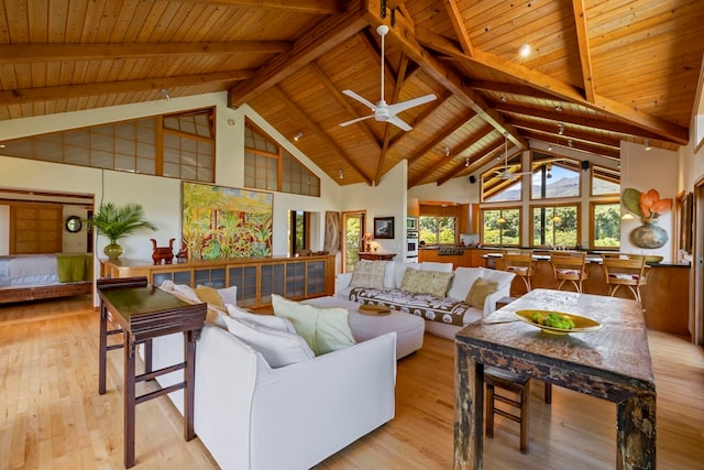 living room featuring light wood-type flooring, wood ceiling, and high vaulted ceiling