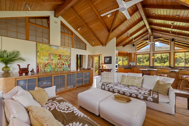 living room featuring wood ceiling, beam ceiling, light hardwood / wood-style flooring, and high vaulted ceiling