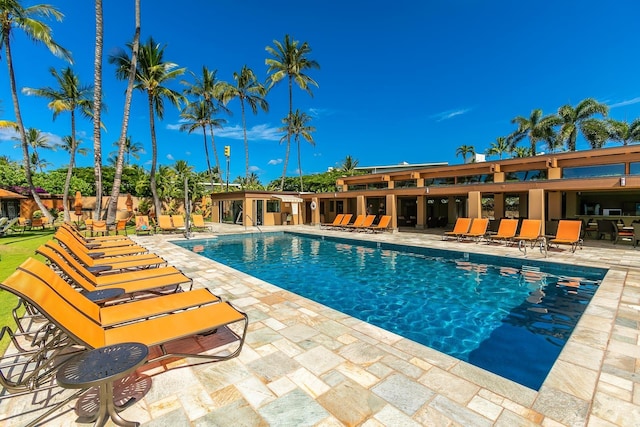 view of swimming pool featuring a patio