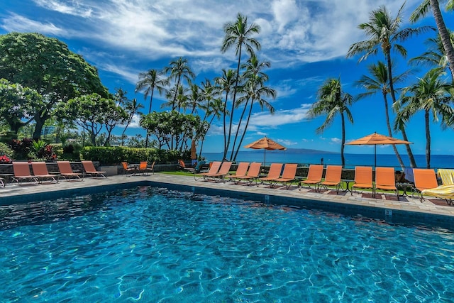 view of pool with a patio area and a water view