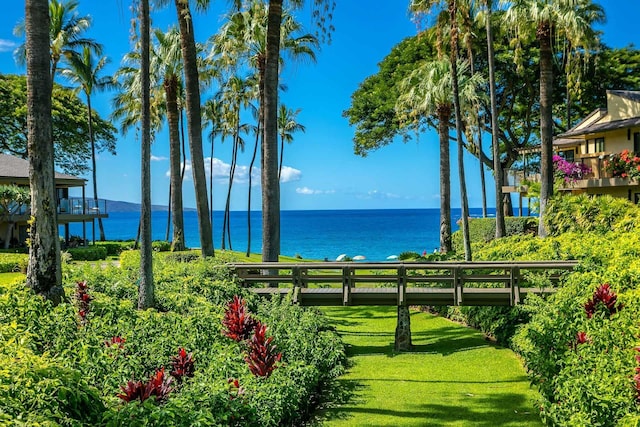 surrounding community featuring a water view and a yard