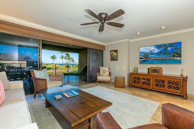 living room with crown molding and ceiling fan