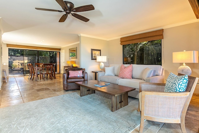 living room with ceiling fan and crown molding