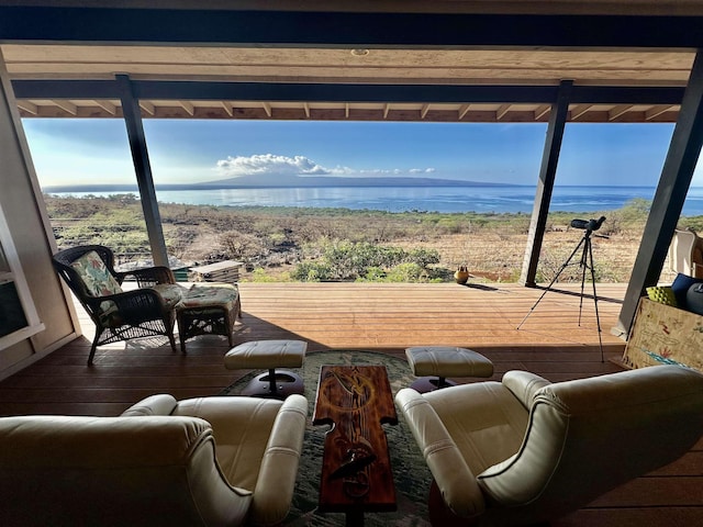 interior space featuring hardwood / wood-style floors and a water view