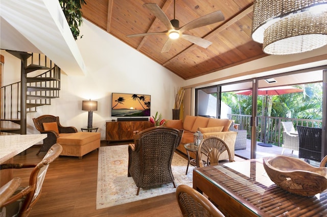 living room featuring ceiling fan, dark wood-type flooring, high vaulted ceiling, and wood ceiling