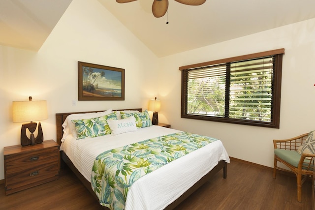 bedroom featuring ceiling fan, dark wood-type flooring, and vaulted ceiling