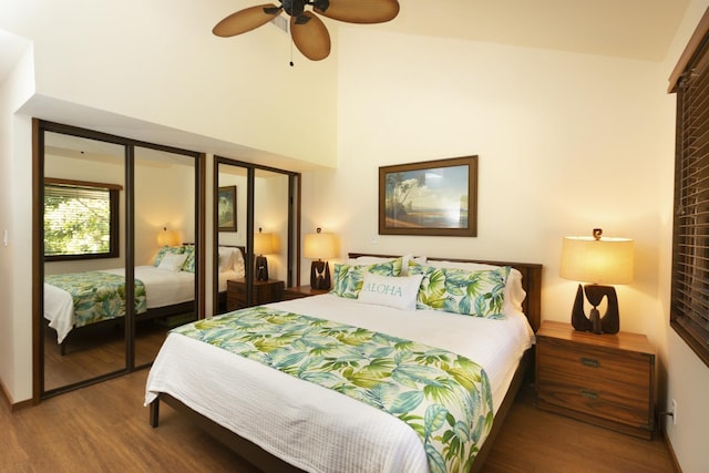 bedroom featuring hardwood / wood-style flooring and ceiling fan