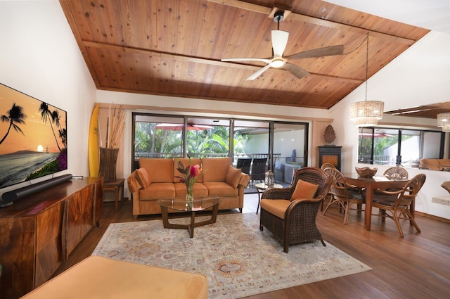 living room featuring lofted ceiling, ceiling fan, a healthy amount of sunlight, dark hardwood / wood-style flooring, and wood ceiling