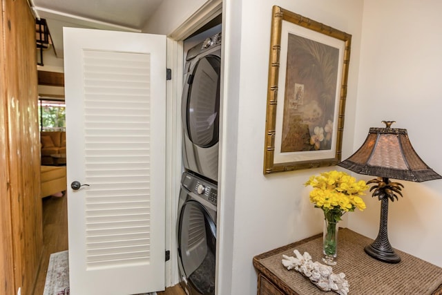 laundry room featuring stacked washer / dryer