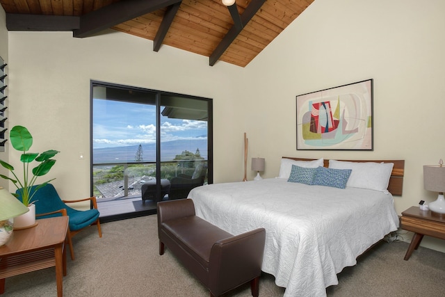 bedroom featuring wood ceiling, lofted ceiling with beams, access to exterior, and carpet