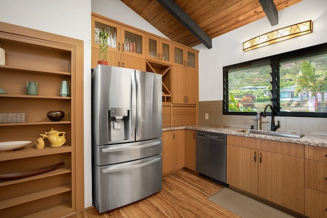 kitchen featuring wood ceiling, lofted ceiling with beams, light stone countertops, stainless steel appliances, and sink