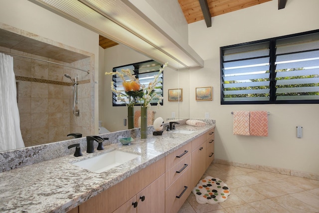 bathroom with vanity, wood ceiling, lofted ceiling with beams, a shower with curtain, and tile patterned flooring