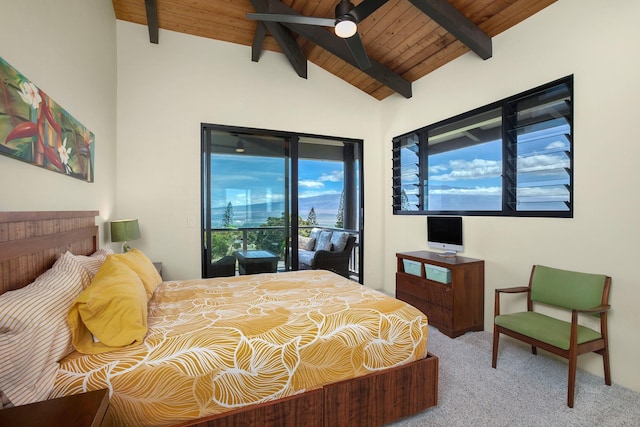 carpeted bedroom featuring wood ceiling, lofted ceiling with beams, ceiling fan, and access to exterior