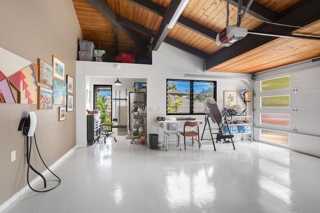 garage featuring a garage door opener and wooden ceiling